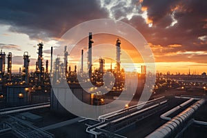 Oil refinery plant from industry zone, Aerial view oil and gas industrial, Refinery factory oil storage tank and pipeline steel at