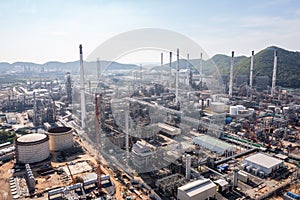 Oil refinery plant industry zone, Aerial view oil and gas petrochemical industrial, Refinery factory oil storage tank