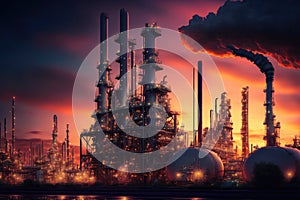 Oil refinery plant with Oil and gas chemical tank at twilight