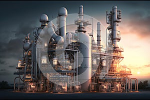Oil refinery plant with Oil and gas chemical tank at twilight . Power and energy business. generative ai