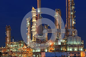 Oil refinery plant in petrochemical industry estate at night tim