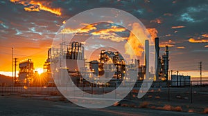 Oil refinery plant at sunset. Gas, diesel and chemical business industry is important for economy