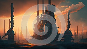 Oil refinery plant at sunset, Generative AI illustration of oil and gas industry