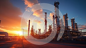 Oil refinery and plant and tower column of Petrochemistry industry in oil and gas industrial with cloud orange sky