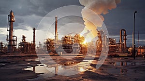 Oil refinery at sunset with reflection in the water