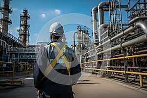 an oil refinery worker in a white helmet stands against the background of an industrial facility, the concept of oil and gas