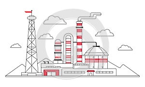 Oil refining industry building. Industrial plant with chemical pipes and tower. Line vector minimalistic illustration on white