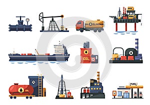 Oil refining industry. Cartoon oil refinery plant with oil barrels and pipeline, tanker truck and tanker ship, oil production