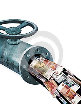 Oil revenues. Fragment of a metal pipe with a valve. The flow of leaking oil with paper notes of Russia`s Rubles of 1997.  3d
