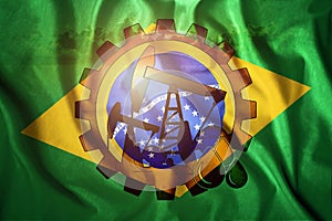 Oil rig on the background of the flag of Brazil. Mixed environment. The concept of oil production, minerals, development of new