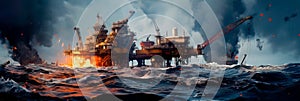 An oil rig disaster at sea, with oil slicks spreading across the ocean surface and threatening marine life. Generative photo