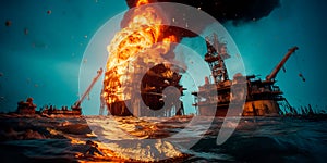 An oil rig disaster at sea, with oil slicks spreading across the ocean surface and threatening marine life. Generative photo