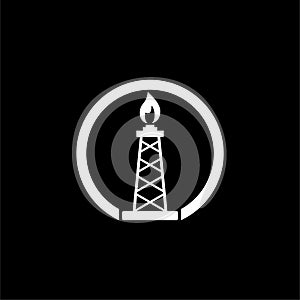 Oil rig with fire icon isolated on dark background