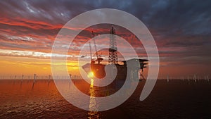 Oil Rig with Helicopter flying and Offshore Wind Turbines against Sunset, tilt 4k