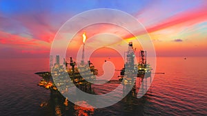 Oil Rig at late evening offshore areal photography during sunset