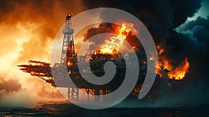 An oil rig in the middle of the ocean with a large fire in the background