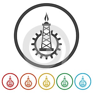 Oil rig mining icon. Set icons in color circle buttons