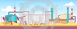 Oil rig near city flat color vector illustration