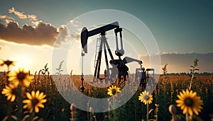 Oil rig operates efficiently in spring field with flowers on sunset. energy production from natural resources during