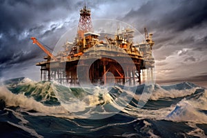 oil rig platform with dramatic stormy ocean waves