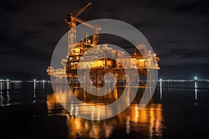 oil rig platform lit up at night in the ocean