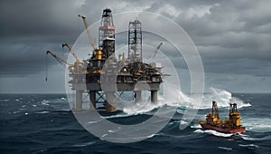 Oil rig platform in the ocean. Human progress and power idea.