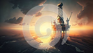 Oil rig platform in open sea on beautiful sunset, oil production platform for extract petroleum