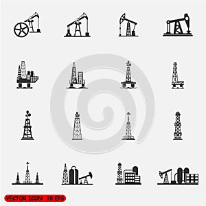 Oil rig, pump and oil drilling platform icons sets