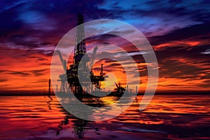 oil rig silhouette against vibrant horizon