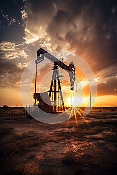 Oil rig silhouette in remote location under sunset light.