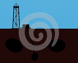 Oil rig silhouettes and blue sky, illustration, industrial, gas