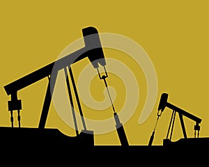 Oil rig silhouettes and colored sky, vector illustration