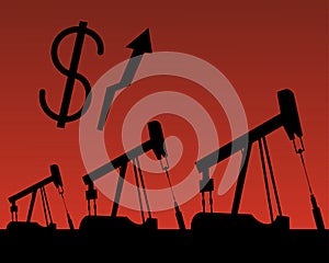 Oil rig silhouettes and orange sky, dollar rate, illustration