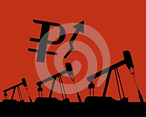 Oil rig silhouettes and orange sky, ruble exchange rate, illustration