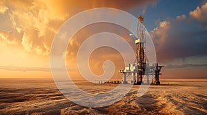 An oil rig stands tall amidst a vast desert landscape under a golden sunset