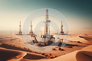 oil rigs in desert landscape under clear blue sky