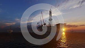 Oil Rigs with Helicopter flying against beautiful sunset, 4k