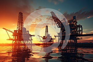 Oil Rigs in the Middle of the Ocean at Sunset, Oil and gas industry background featuring a platform for the production of