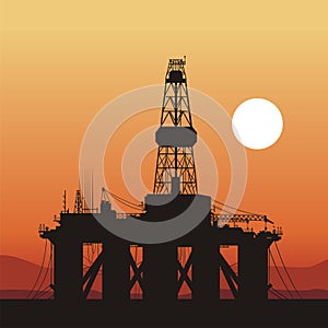 Oil rigs, ship and sunset in the ocean