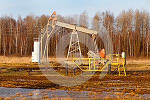 Oil rocking chair. Oil production in Russia, Republic of Bashkortostan. Industrial landscape. Autumn