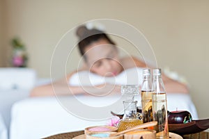 Oil and salt set spa object, woman sleep relaxation background