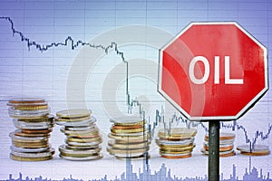Oil sign on economy background - graph and coins