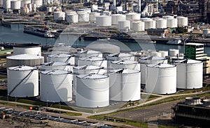 Oil silo's at a petrochemical plant in the port