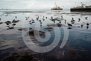 oil spill in the bay, with birds and fish swimming among the slicks photo