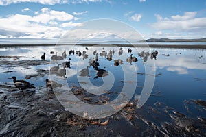 oil spill in the bay, with birds and fish swimming among the slicks photo