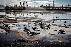 oil spill in the bay, with birds and fish swimming among the slicks photo