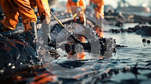 oil spill being cleaned up by a team of workers using booms and skimmers.