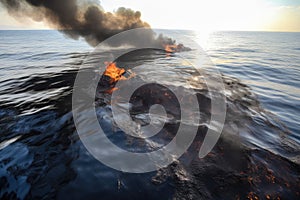 oil spill disaster on the open sea, with burning oil slicks and floating debris photo