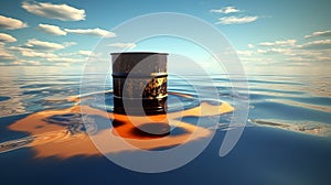 Oil spill and hazardous waste in the ocean. a film of oil pollutes water and nature, A barrel of oil floats in the sea.