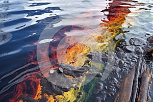 oil spill with rainbow sheens on water surface